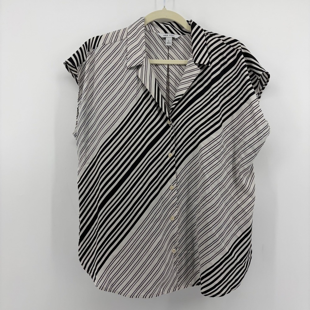 Nine West Womens Large Black White Striped Button Down Sleeveless Blouse‎ Shirt